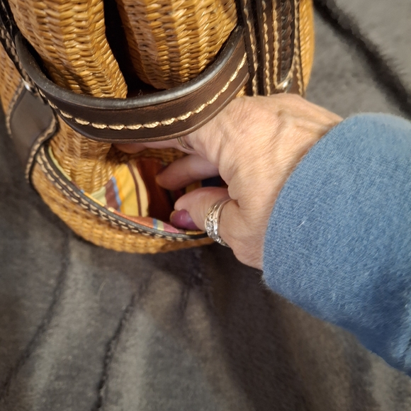 Fossil Key Per Tan Rattan and Brown Leather Woven Tote Bag 13x9 - Picture 8 of 16